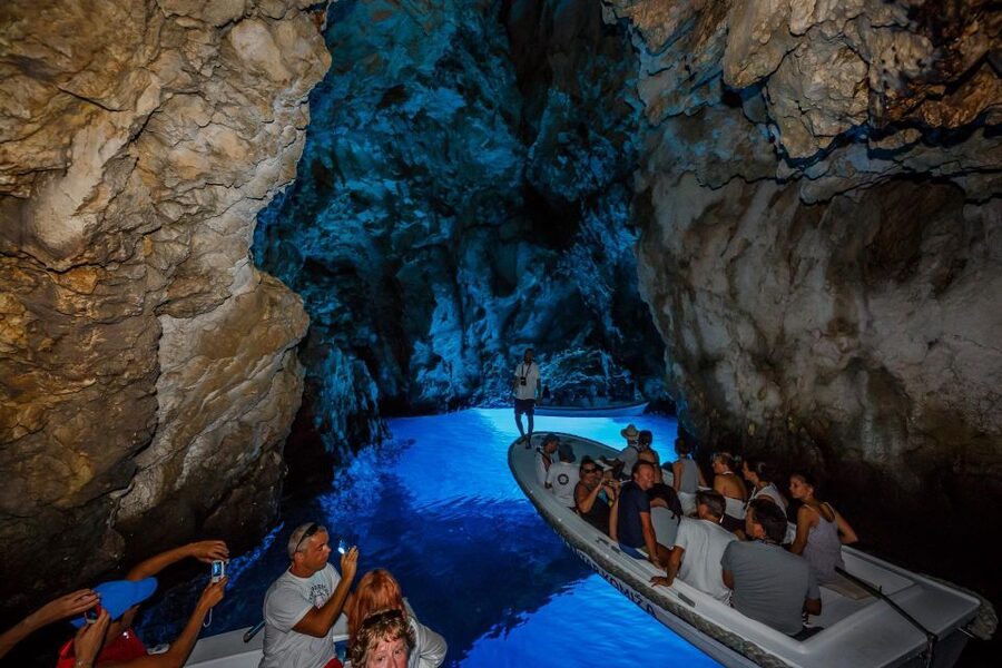 From Split: Blue Cave, Hvar, Mamma Mia, 5 Islands boat Tour - Budikovac Blue Lagoon Swim and Snorkel Gear