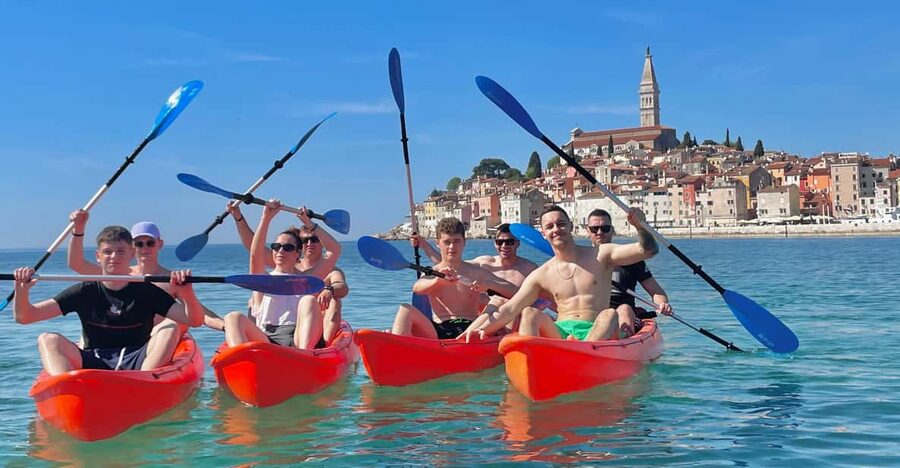 Rovinj: BUBA-KAYAK TOURS, snorkeling, cliff jupming&drinks - Kayaking Rovinj’s coastline toward Old Town, with real local guidance